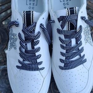 ShuShop White and Blue Sneakers with Silver Accents